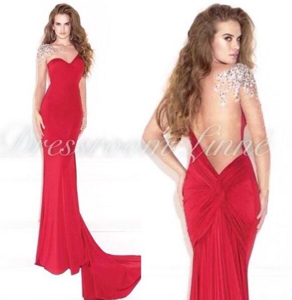 Red Sexy Crystals Arabic 2016 Prom Dresses Sheer Neck Beaded Sheath ...