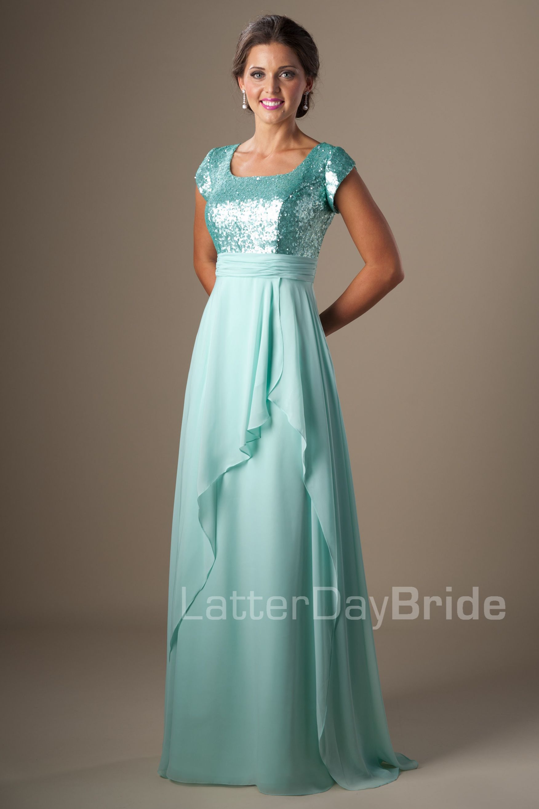 Mint Sequins Chiffon Modest Bridesmaid Dresses Short Sleeves Long ...