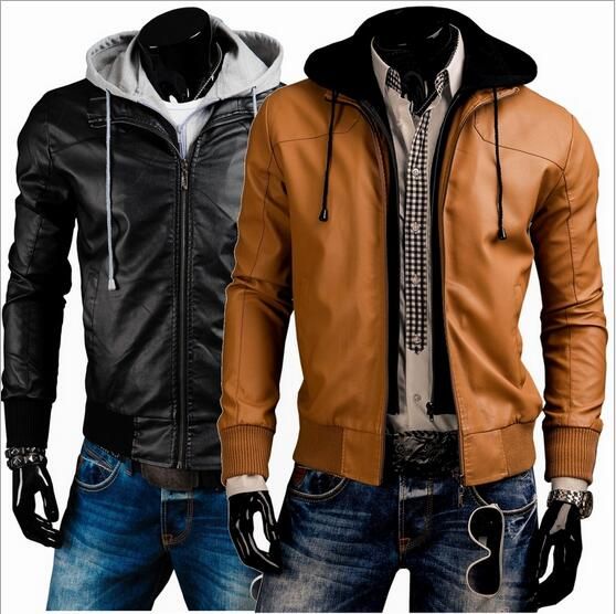 Men Hooded Short Jacket Fashion Slim Leather Men Hooded Short Jacket Fashion Slim Leather Mens Solid Color Washing Motorcycle Personalized Hat Design Hoos By