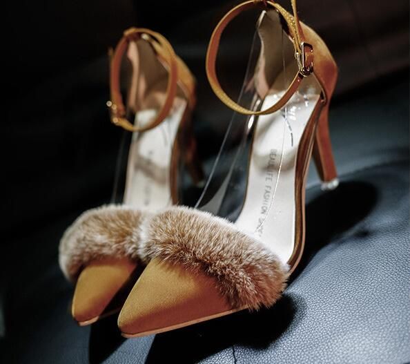 Hot Selling Sweet High Heel Fur Sandals Women Covered Heel Fluffy Ankle