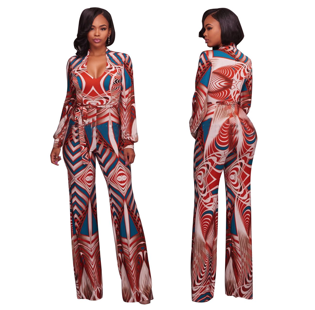 2020 Womens Pattern Print Fashion Long Maxi Jumpsuits Rompers Plus Size