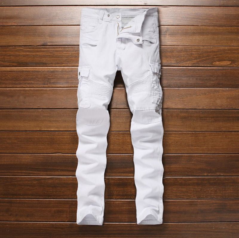 2019 Mens Fashion White Pockets Biker Jeans Male Casual Patchwork