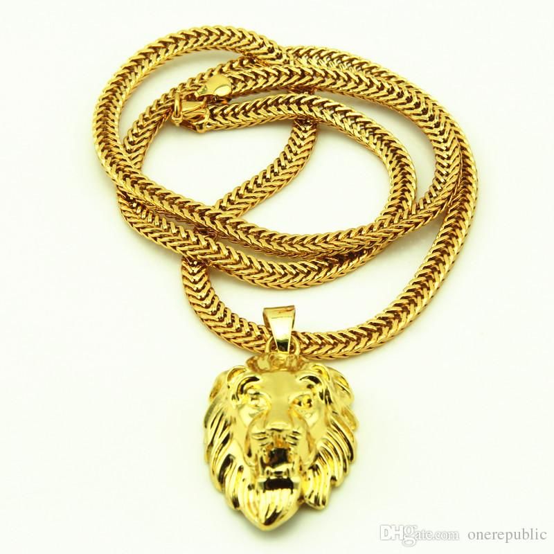 Lion Head Pendants Necklace High Quality Fashion Hiphop 70cm Long Lion Head Pendants Necklace High Quality Fashion Hiphop 70cm Long 14k Gold Plated Rock Statement Chain Men Jewelry Free Ship