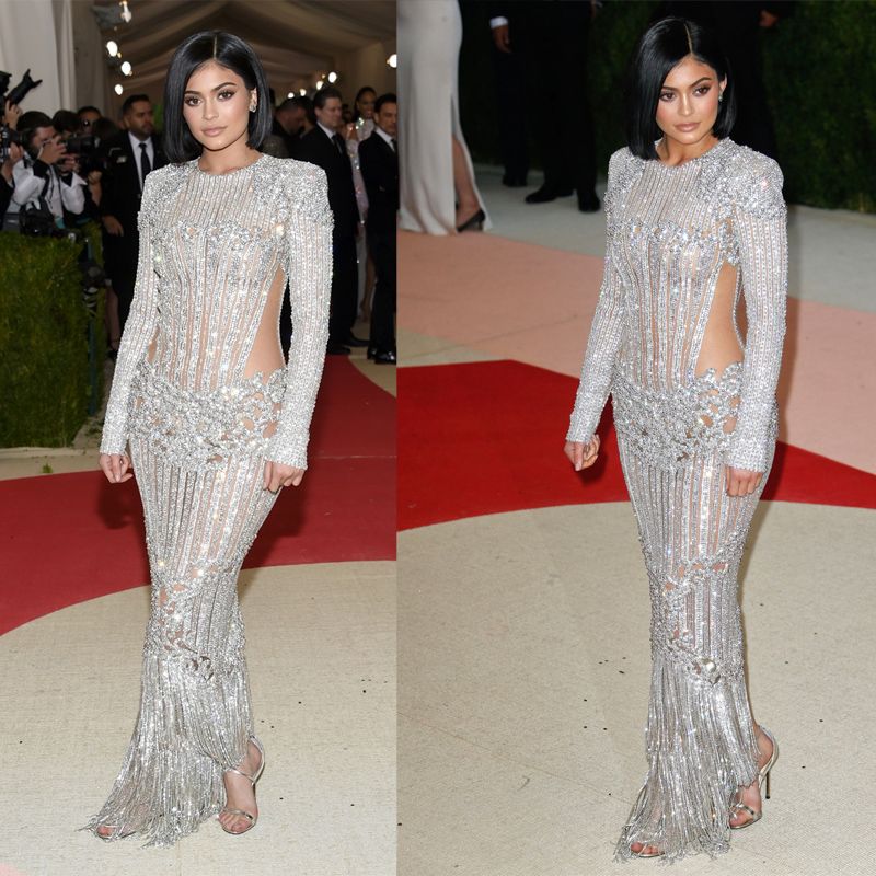Kendall Jenner Kylie Jenner Met Gala 2016 Red Carpet Fashion Celebrity Dresses Cutaway Illusion Beaded Evening Gowns