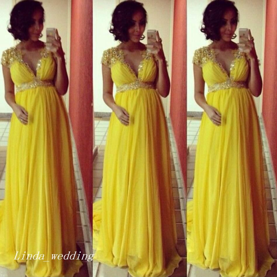 2017 Yellow Baby Shower Party Dress New V Neck Long Pregnant Women