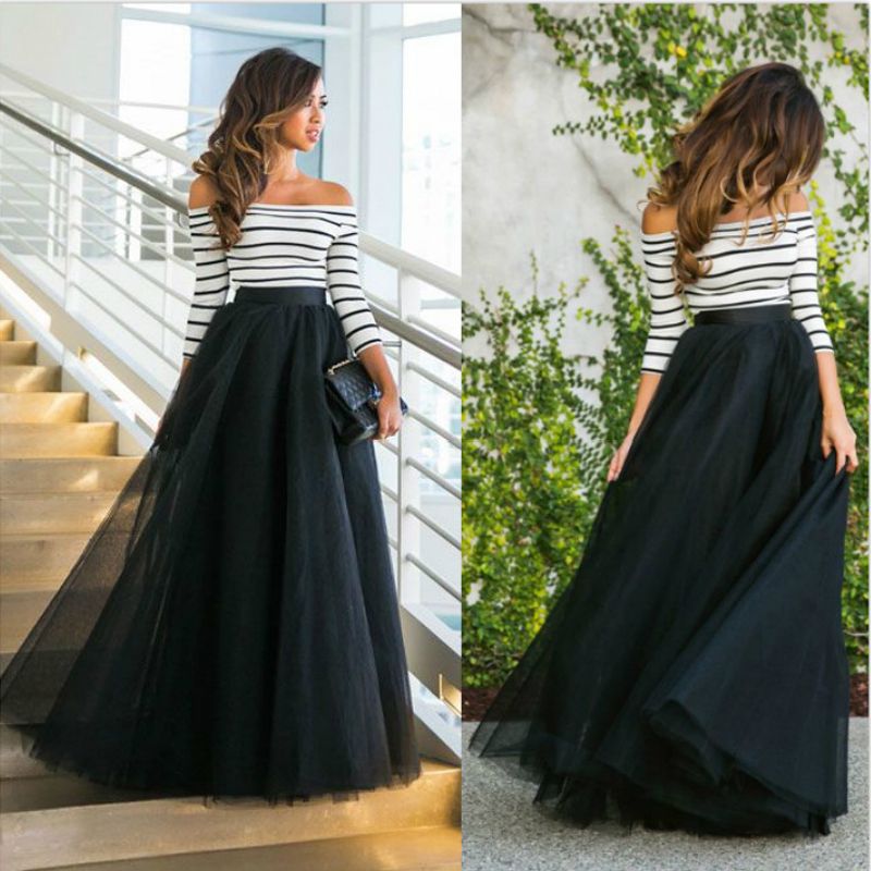 2021 Tops Puls Skirt For Women Fashion Stripe Shirt Slash Neck With ...