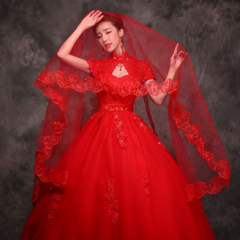 The New 2016 Red Applique Lace Bride Married Veils Cathedral 3m ...