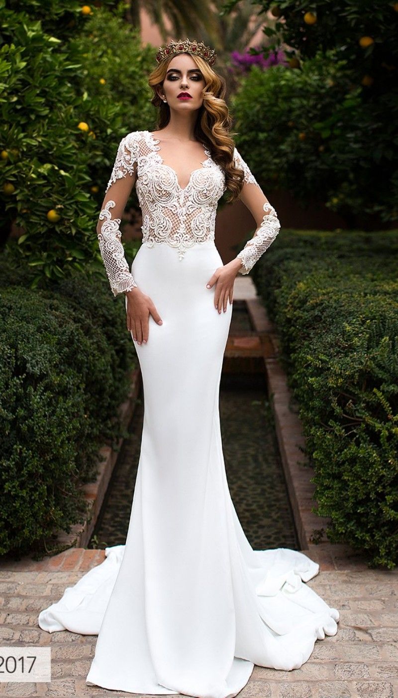 Berta 2018 Mermaid Wedding Dresses Long Sleeve V Neck Lace