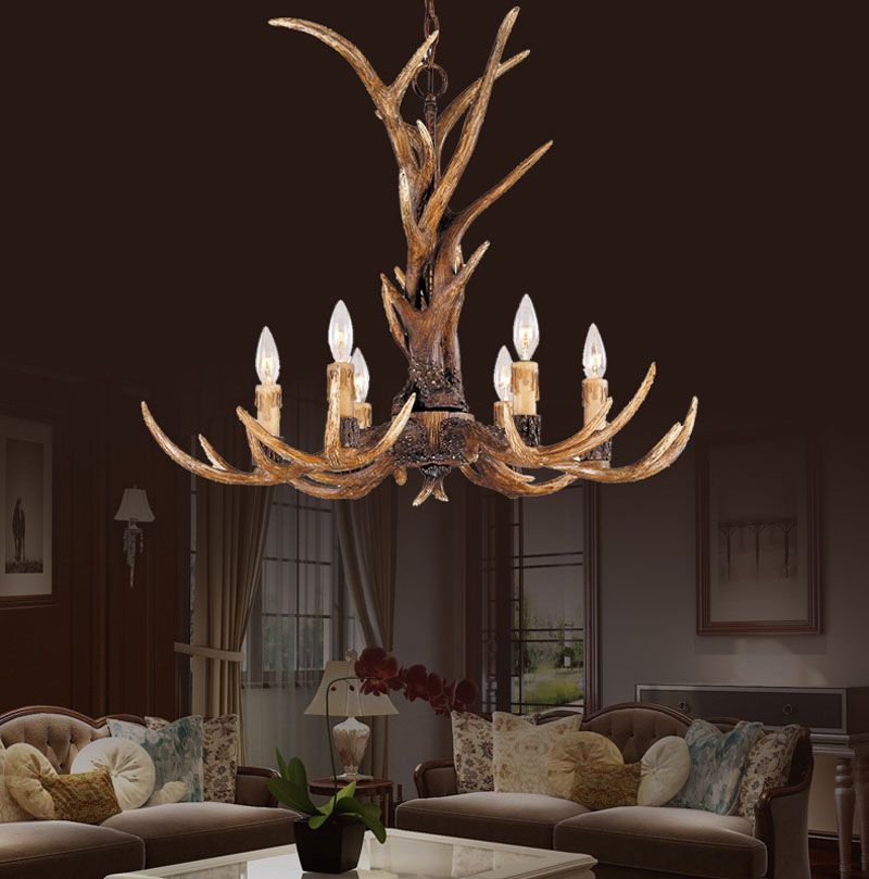 Europe Country 6 Head Candle Antler Chandelier American Retro Resin Europe Country 6 Head Candle Antler Chandelier American Retro Resin Deer Horn Lamps Home Decoration Lighting E14 110 240v Lampshade Parchment