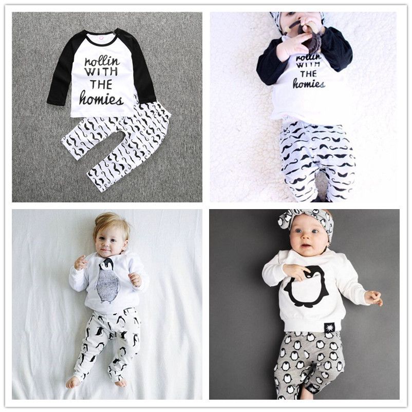 2016 Baby Clothes Set Kids Boys Long Sleeve Penguin Print Clothing