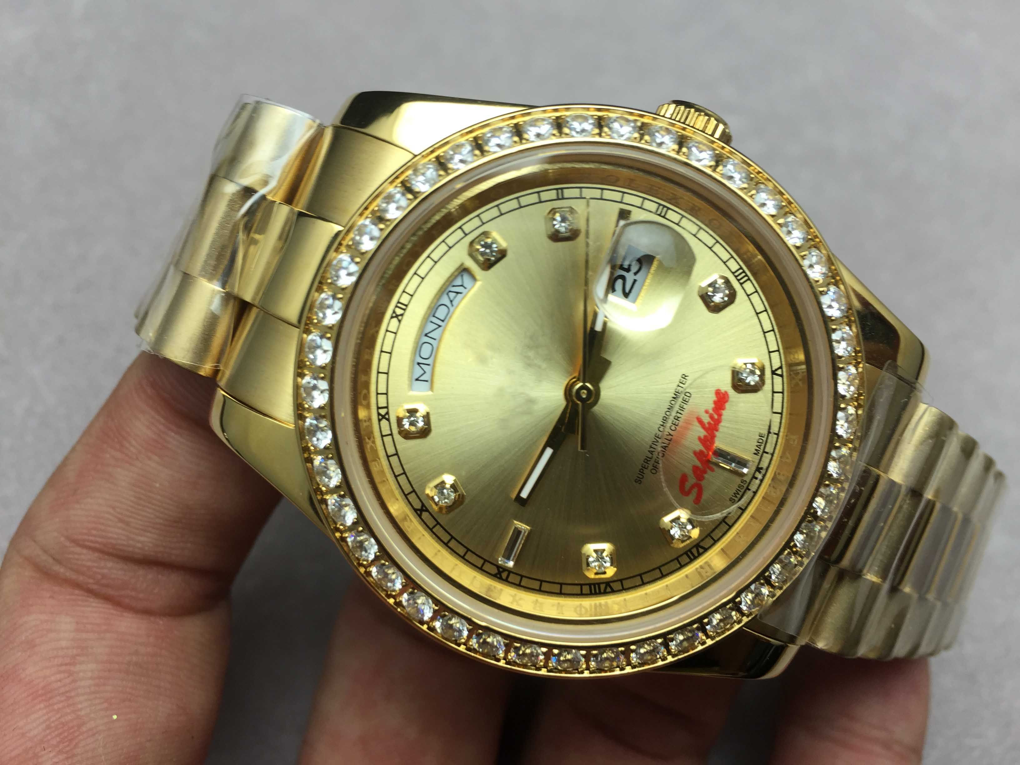 41MM Luxury Brand Mens Watch DAY DATE Diamond Bezel Gold Dial Automatic Movement Mechanical 41MM Luxury Brand Mens Watch DAY DATE Diamond Bezel Gold Dial Automatic Movement Mechanical
