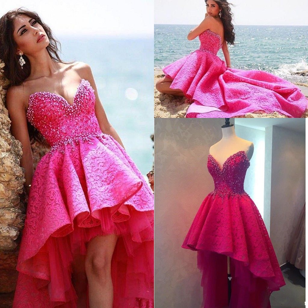 2016 New Short Prom Dresses V Neck Fuchsia Full Lace Crystal Beaded ...