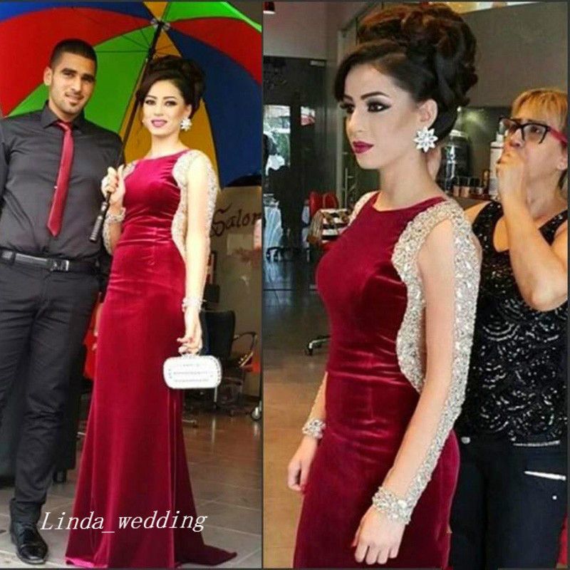 Acquistare Abito Da Sera Di Velluto Rosso Bordeaux Elegante Cristalli  Perline Maniche Lunghe Prom Abito Da Festa Abito Da Cerimonia Formale Plus  Size Vestido De Festa Longo Economico | Consegna Veloce E