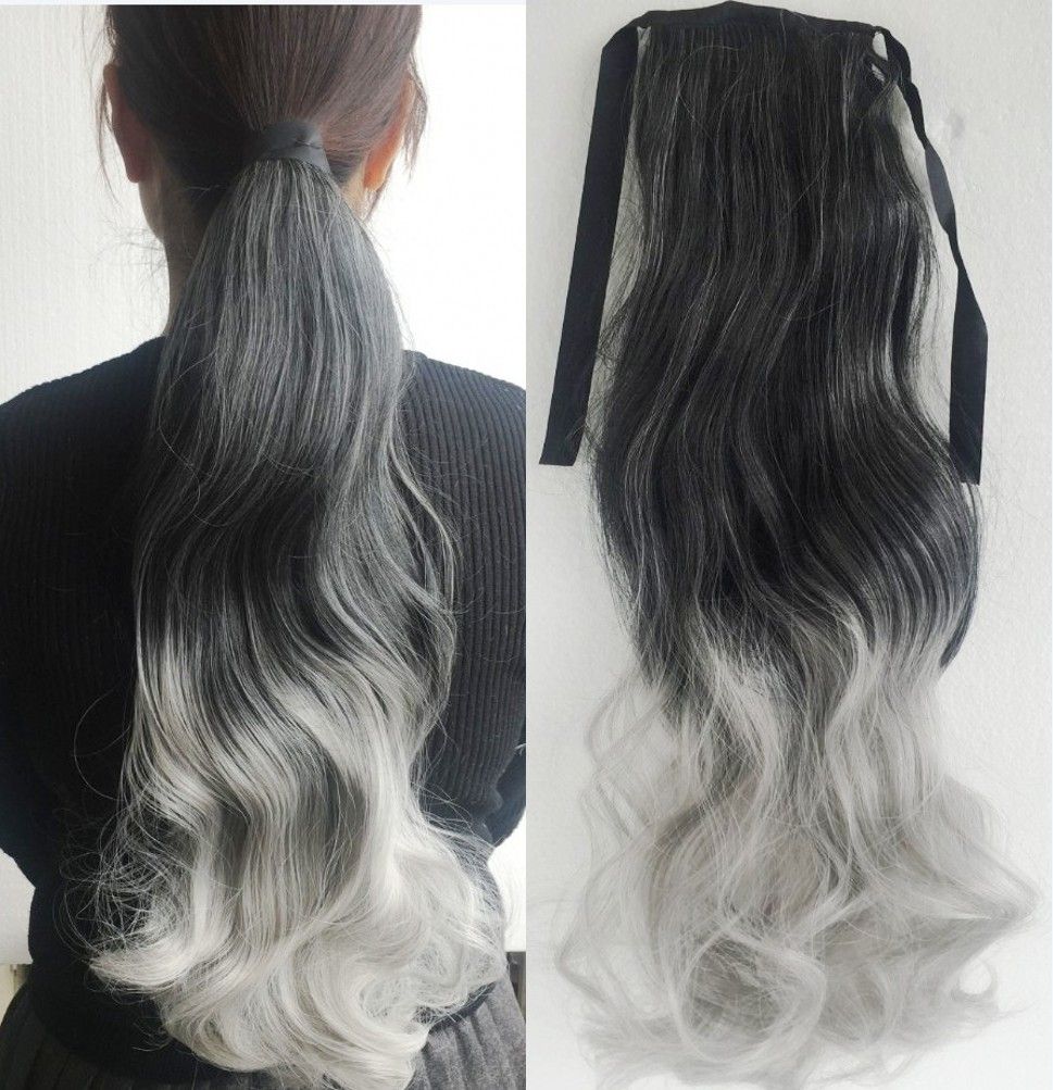 Women Long Wavy Ombre Hair Extension Ponytail Drawstring Ribbon