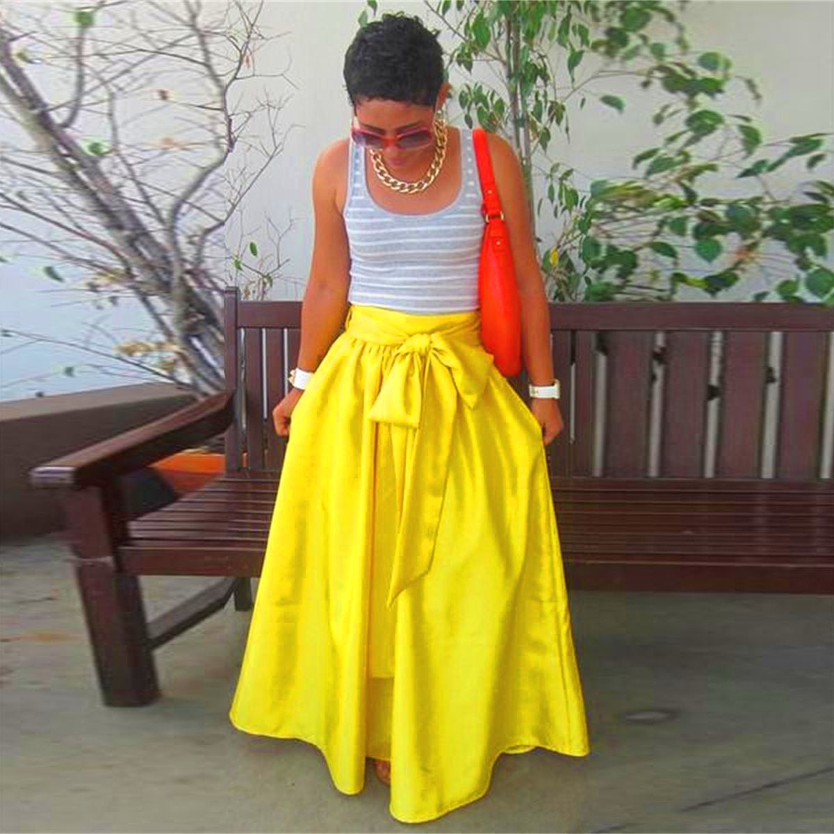 2018 Fashion Bright Yellow Long Skirts Custom Made Plus Size Formal