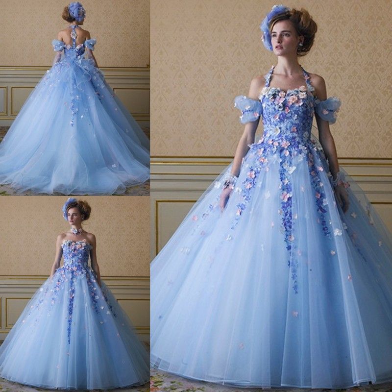 Ice Blue  Color  Flowers Wedding  Dresses  With Detachable 