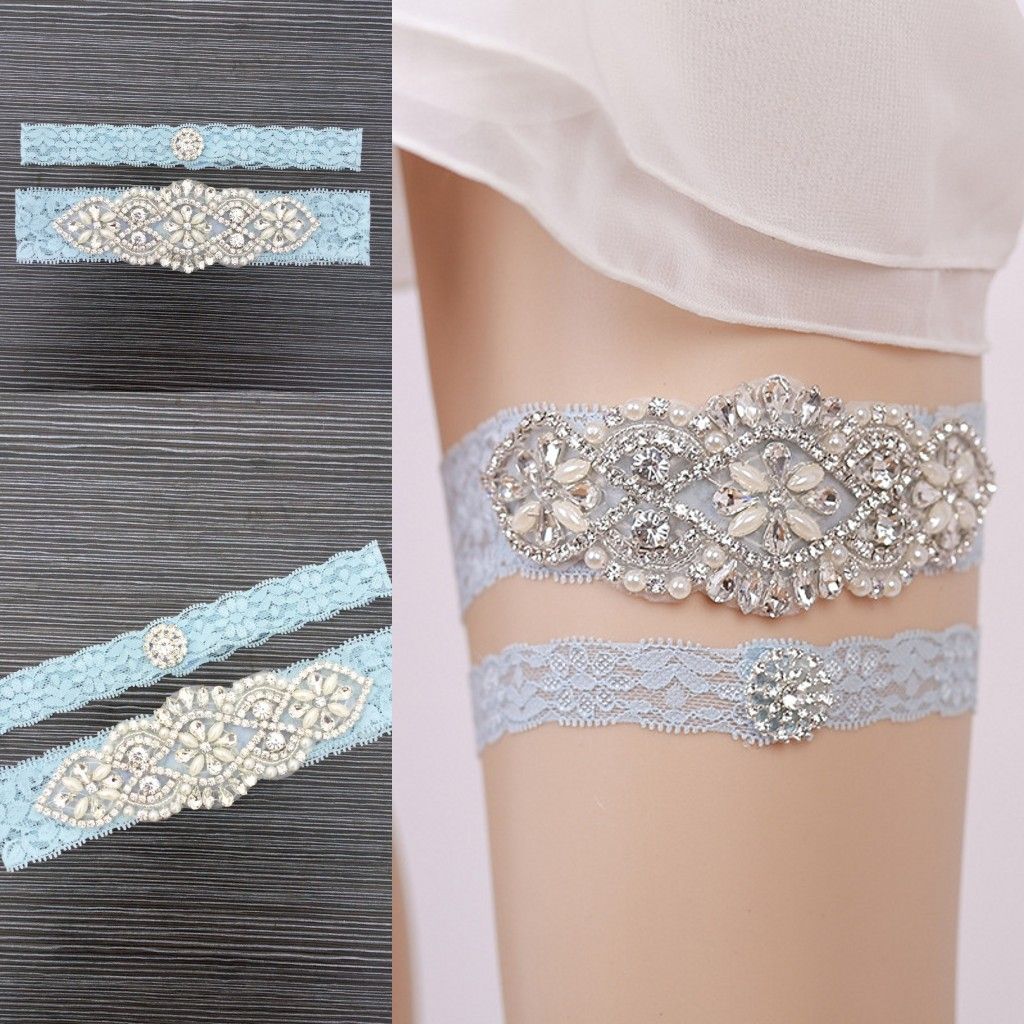 Sky Blue Lace Bridal Garters 2018 Cheap Sexy With Crystal Beads