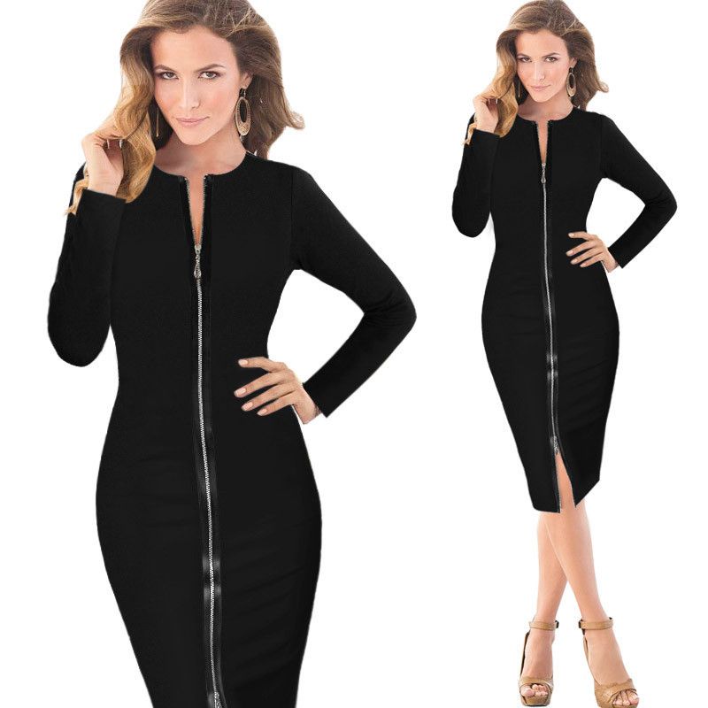 2017 Autumn New Black Onepiece Dress Long Sleeved Office Lady Empired