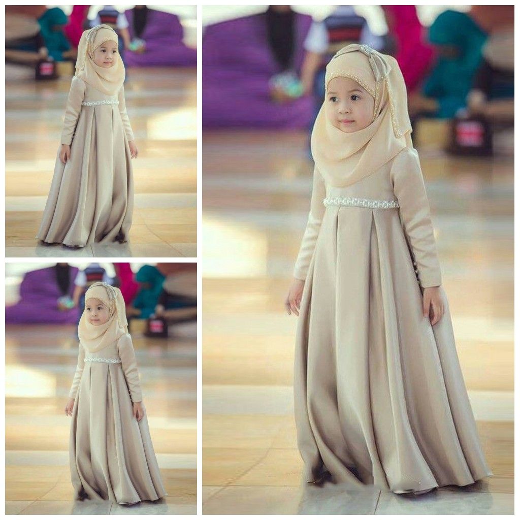 Lovely Muslim Flower Girl Dress Jewel Neck Long Sleeve Beaded Sash