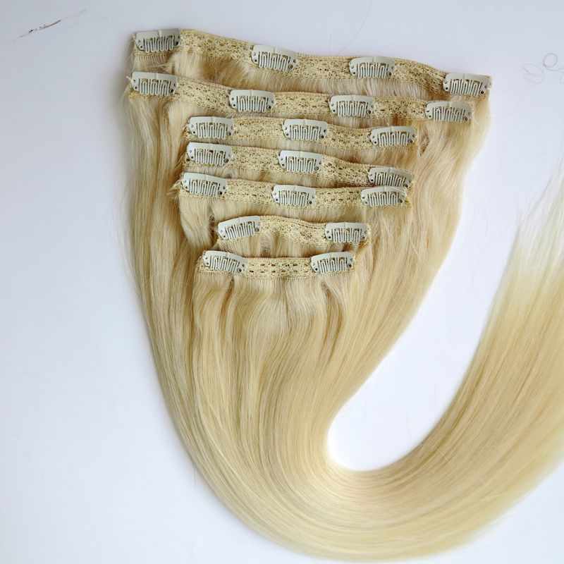 Clip in Haarverlängerungen Brasilianisches Menschenhaar 20 22 inch 60 # / Platin Blonde Gerade Haarverlängerungen 260g 7 teile / satz