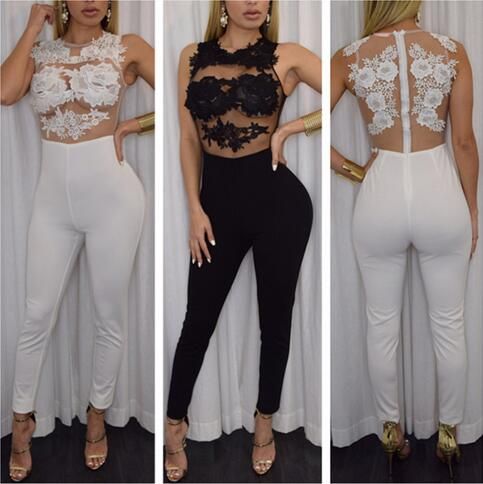 sexy floral embroidered jumpsuit bodycon bandage overalls bodysuit clubwear sheer mesh transparent lace