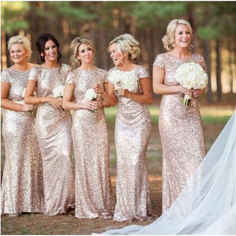 2016 Rose Gold Sequins Bridesmaid Dresses Cap Sleeve Floor Length