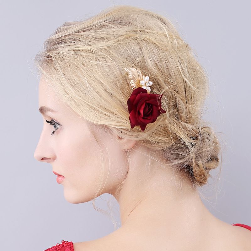New Wedding Headpieces White Peals Red Rose Hairpins Women Hair