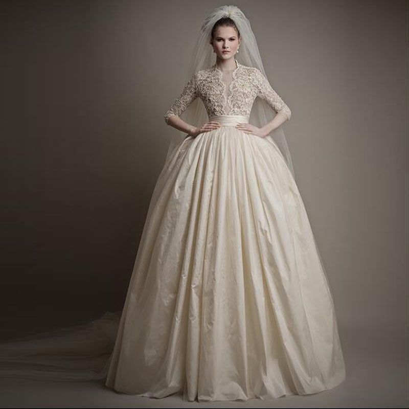 Latest 1 2 Sleeve European  Style Ball Gown Wedding  Gown 