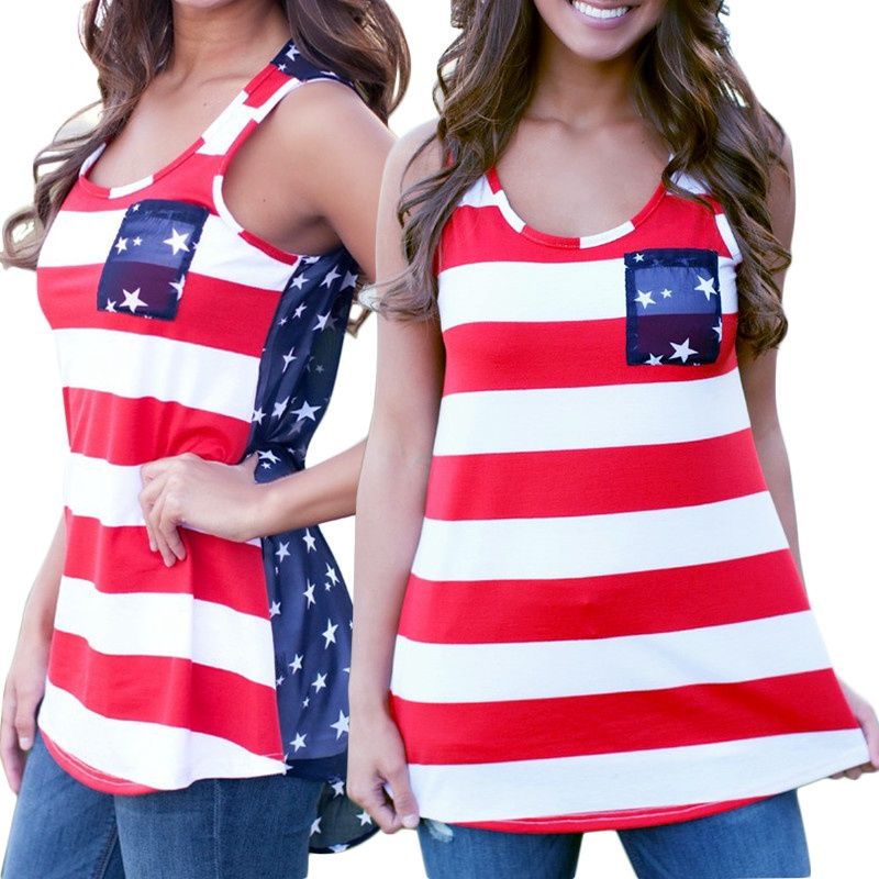 2020 Wholesale Fashion Women Summer Sexy Sleeveless Tops American USA Flag Print Stripes Tank ...