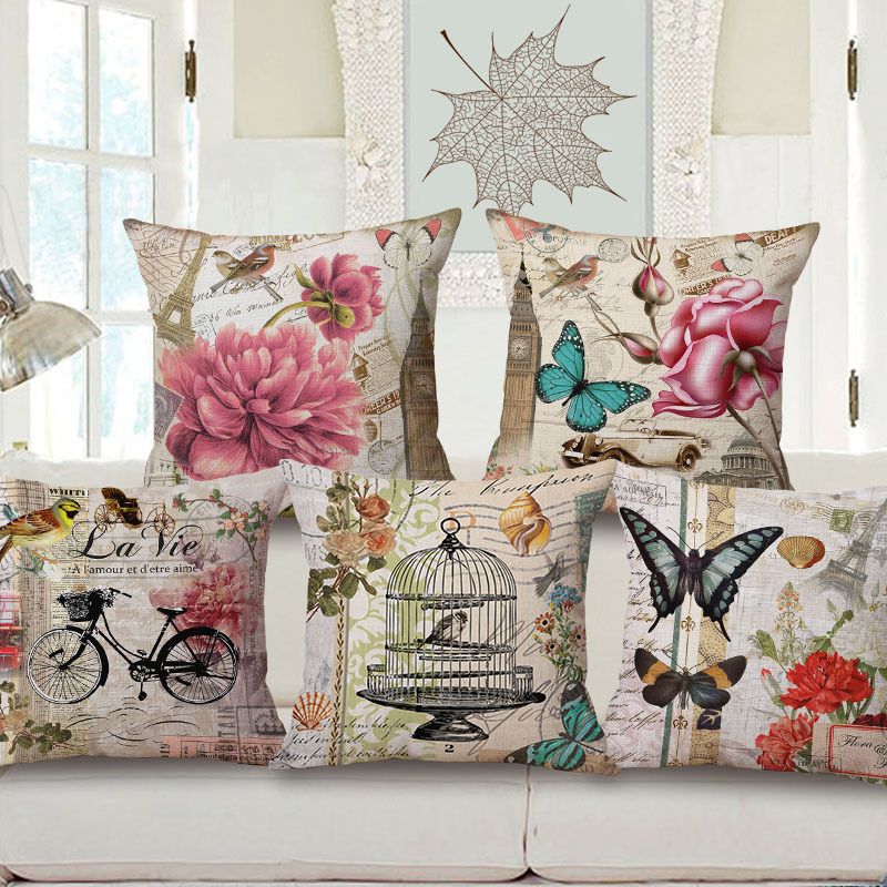 Vintage Peacock /& Flowers Pillow Case Cotton Linen Sofa Cushion Cover Home Decor
