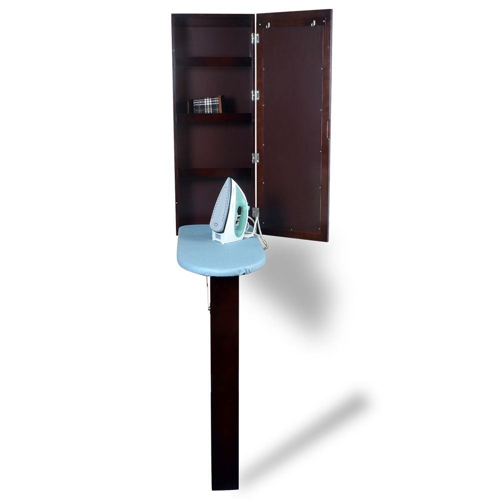 Brown Ironing Board Cabinet Folding Box With Leg Support And Dressing Mirror Hang Over The Wall Free