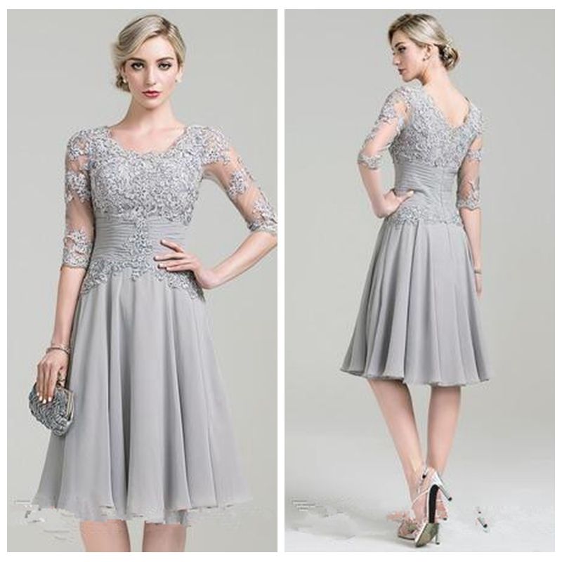Grey Lace Appliques Knee Length Mother Of Bridal Short Formal Dress ...