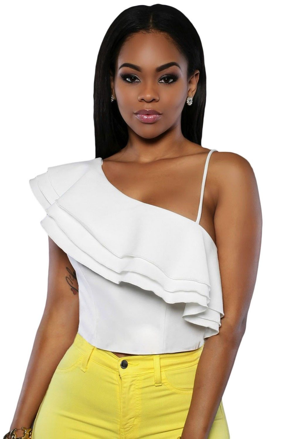 2021 Womens Tank Top White Ruffle Luxe Crop Top Party Clubwear Tops Summer One Shoulder Womens 
