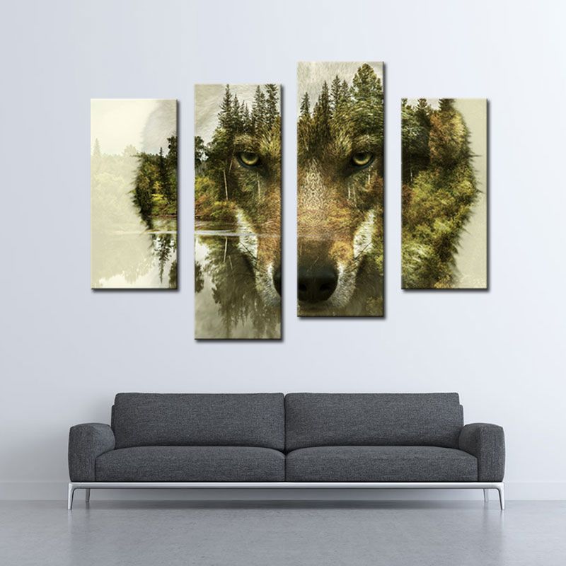 4 Picture Combination Modern Painting Wall Art The 4 Picture Combination Modern Painting Wall Art The For Home Decor Wolf Pine Trees Forest Water Animal Print On Canvas By