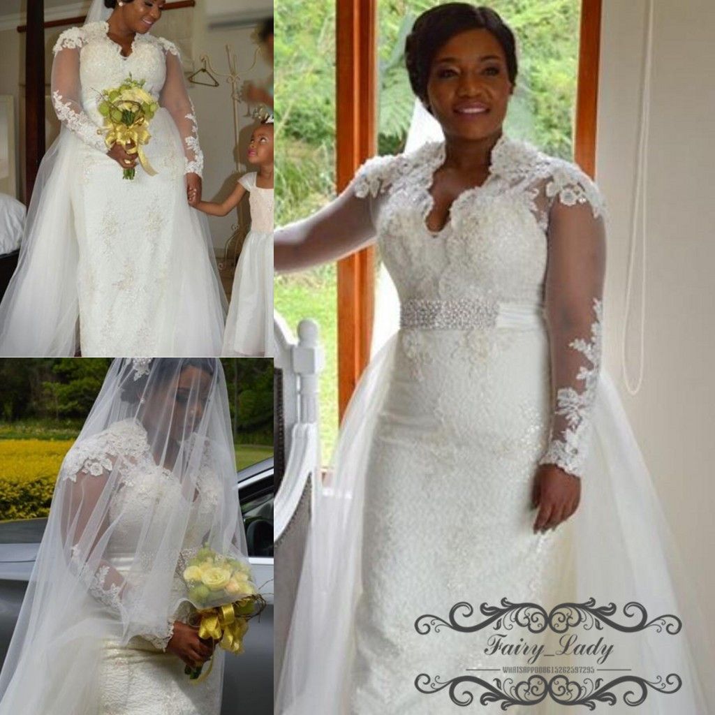  Plus  Size  2019  Lace Wedding  Dresses  With Detachable Train 