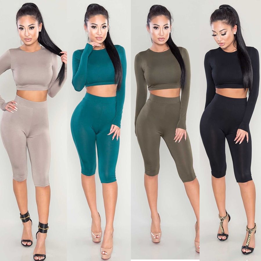 2021 2016 Womens Sexy Crew Neck Crop Tops And Shorts Tracksuits Bodycon ...