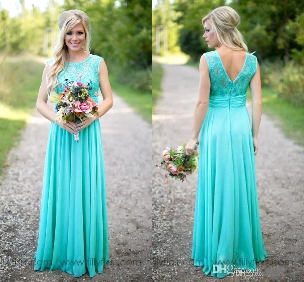 2018 New Aqua Country Bridesmaids Dresses Lace Top Bodice Floor