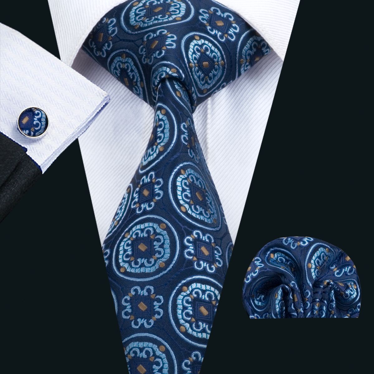 Classic Blue Striped Tie Set Silk Mens Business Neckties Woven Hanky Cufflinks