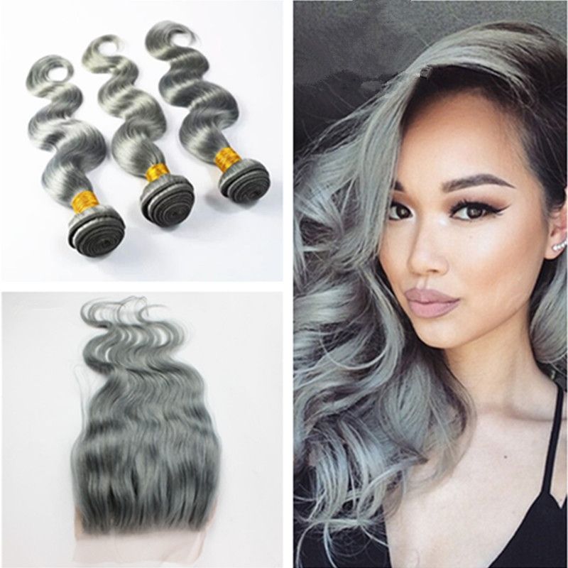 Brazilian Body Wave Grey Hair Weave With Lace Closure Silver Grey