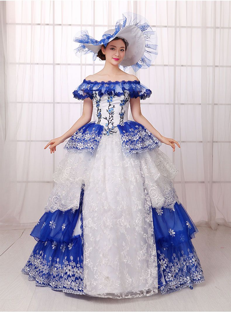 Royal Blue White Ruffled Flower Embroidery Ball Gown Medieval ...