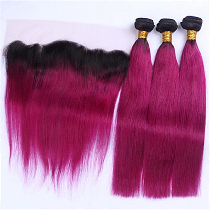 Malaysian Human Virgin Hair Fuschia Ombre Hair Bundles With Lace