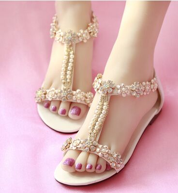 Crystal Flower Pearl Flat Cowskin Shoes Beach Wedding Shoes Sandals