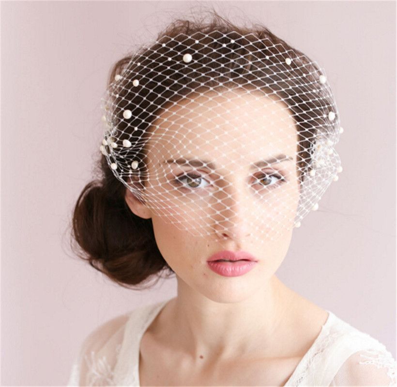 Vintage Wedding Bridal White Birdcage Veil Face Net Pearl Beaded