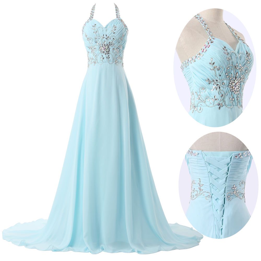Corset Prom Dresses Light Sky Blue Halter Beaded Lace Up Evening Gowns