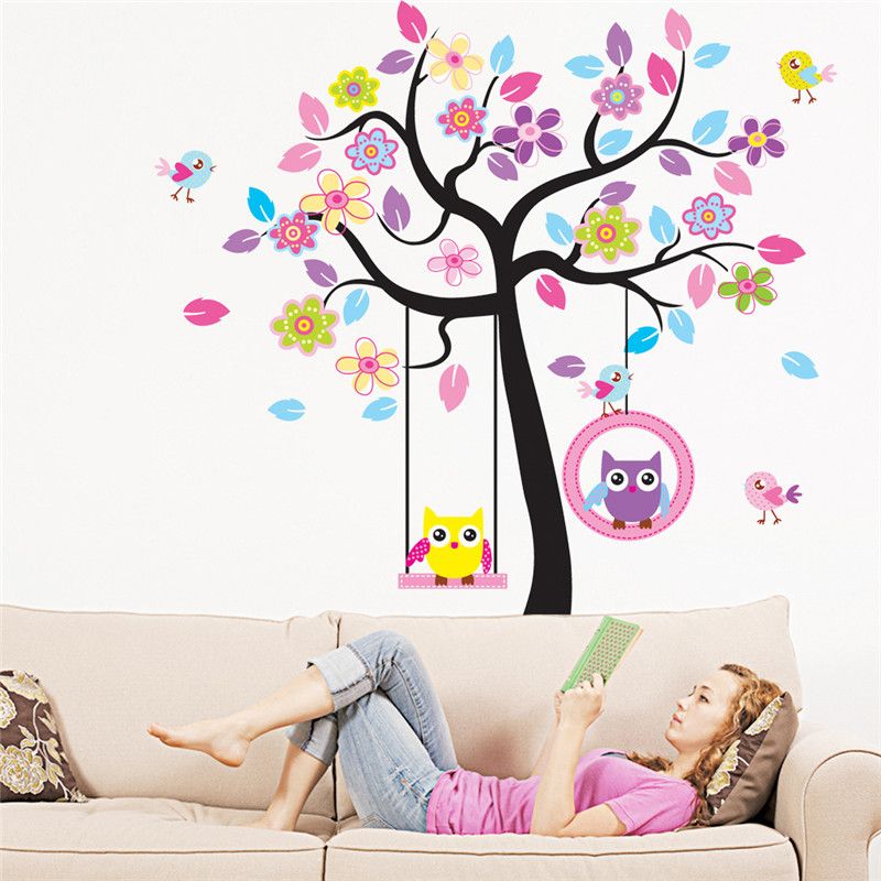 zn new owl bird swing tree wall stickers tree wall decals cartoon