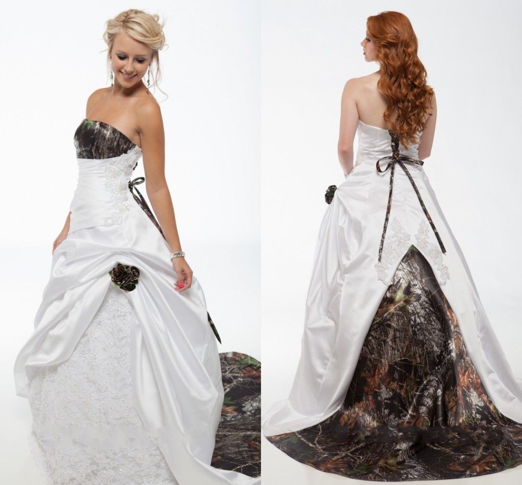Strapless White Ball Gown Camo Wedding Dresses Strapless Appliques