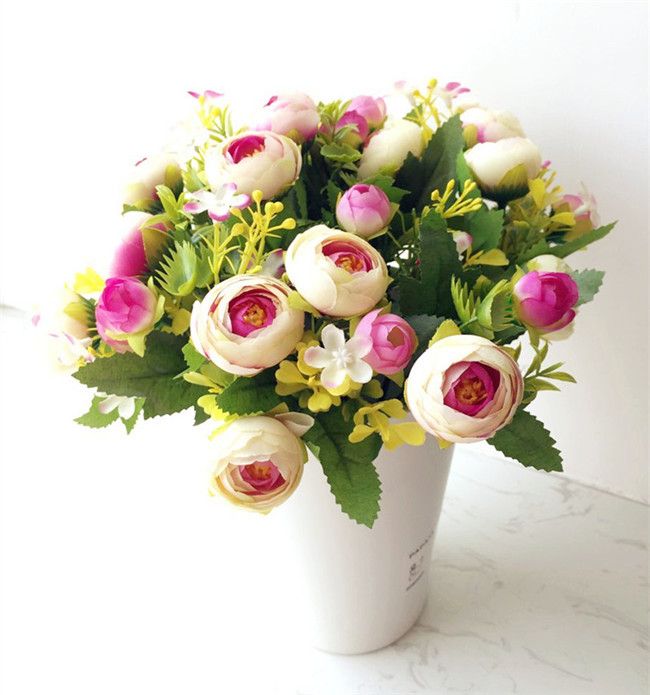 Artificial Camellia Flower Leaf Stem in Champagne Pink or Purple
