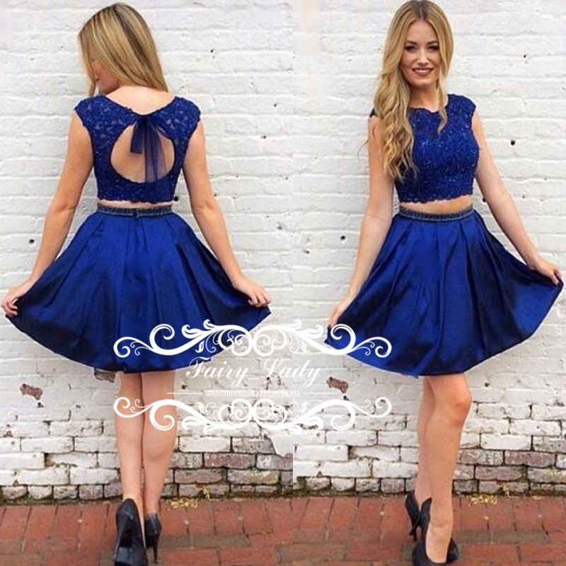 Royal Blue Short Lace Homecoming Dresses Two Piece Beading 2017 Sexy ...