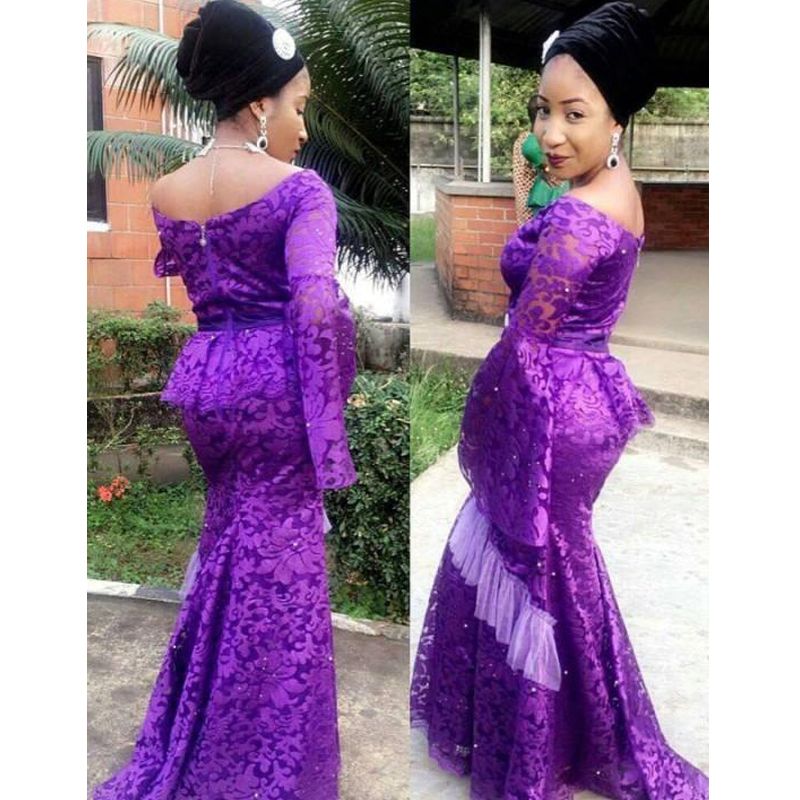 purple lace poet long sleeve prom dress plus size aso ebi style custom size prom dresses