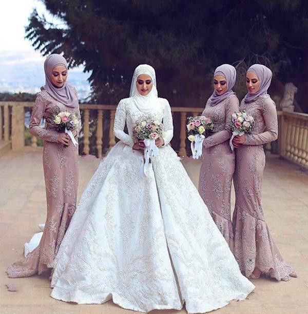 Acheter Pas Cher 2018 Nue Rose Arabie Muslim Hijab Robes De Demoiselle  Dhonneur Satin Avec Appliques De Dentelle Perlée Manches Longues Manches  Longues Hijab Mariage Robes Dinvité Du 103,31 € | Fr.Dhgate